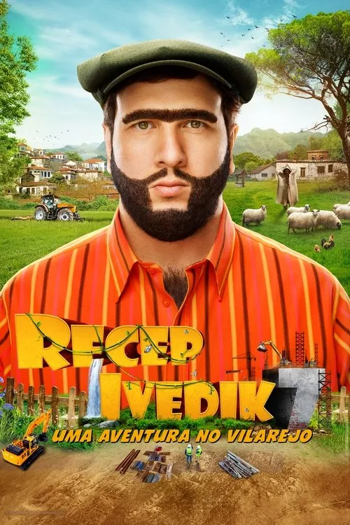 Homem de boné com sobrancelhas grossas e barba geométrica,em camisa listrada,num vilarejo rural vibrante com animais e construções.