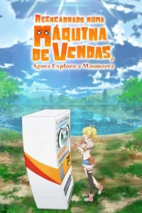 Garota anime loira e máquina de venda viva em paisagem natural ensolarada com rio. Ela aponta para a máquina,que tem olhos verdes.