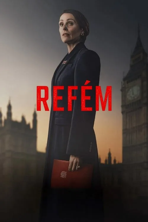 Uma mulher séria de casaco escuro segura uma pasta vermelha. Ao fundo,o Parlamento Britânico e o Big Ben em cenário noturno dramático.