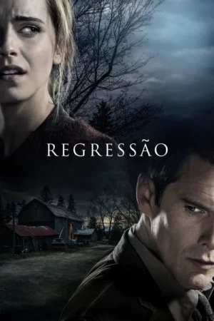 Pôster de suspense: mulher assustada e homem sério. No fundo, árvores nuas, celeiro e céu noturno ameaçador.