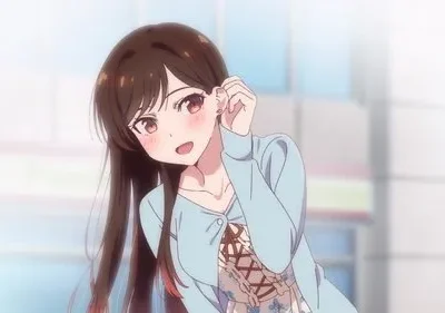 Jovem anime sorrindo e corando, cabelo castanho. Veste cardigã azul sobre blusa rendada. Fundo urbano. Expressão tímida e doce.