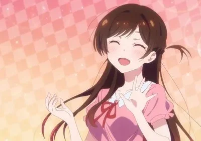 Mulher anime feliz de cabelo castanho e vestido rosa, com mãos expressivas. Fundo xadrez rosa/laranja com brilhos. Clima vibrante.