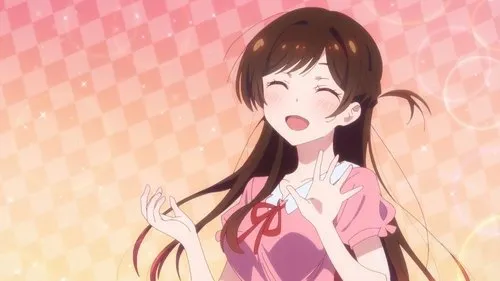 Rent-a-Girlfriend – T01E02:Ex-namorada e Namorada 1 Mulher anime feliz de cabelo castanho e vestido rosa,com mãos expressivas. Fundo xadrez rosa/laranja com brilhos. Clima vibrante.