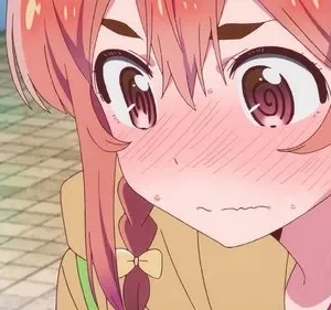 Close-up de personagem de anime com cabelo rosa, bochechas coradas, olhos arregalados com espirais e gotas de suor, expressando timidez.