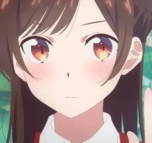 Garota anime de cabelo castanho e olhos grandes âmbar, com bochechas rosadas. Fundo verde-azulado desfocado e brilhante.