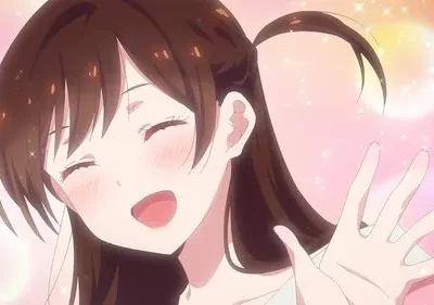 Garota de anime com cabelo castanho e bochechas coradas sorri com os olhos fechados, acenando. Fundo rosa e amarelo com brilhos cintilantes. Clima alegre.