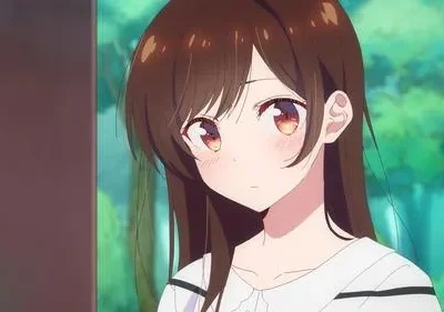 Garota anime de cabelo castanho e olhos grandes, bochechas coradas, olha timidamente. Fundo verde e azul borrado. Clima gentil e pensativo.