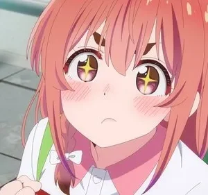 Jovem anime de cabelo rosa com olhos arregalados e brilhantes, bochechas coradas e expressão tímida, em cenário externo.