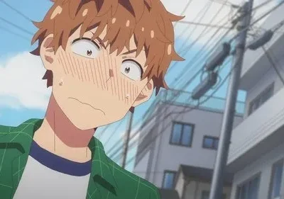 Jovem de anime com cabelo castanho e camisa verde xadrez, expressão de choque, vergonha, bochechas coradas e suor. Fundo urbano.