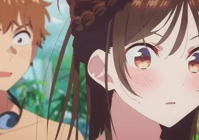 Anime: Mulher corada e surpresa em close-up, homem chocado com óculos de natação ao fundo. Clima de verão.