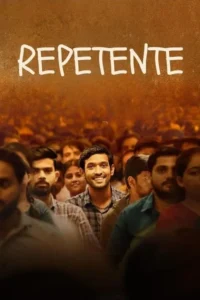Jovem sorridente em meio a uma grande multidão de pessoas. Pôster com iluminação quente e tom otimista.