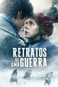 Casal se abraça em meio à nevasca. Trem no fundo. Três figuras lutam exaustas em ambiente invernal. Clima dramático e de sobrevivência.