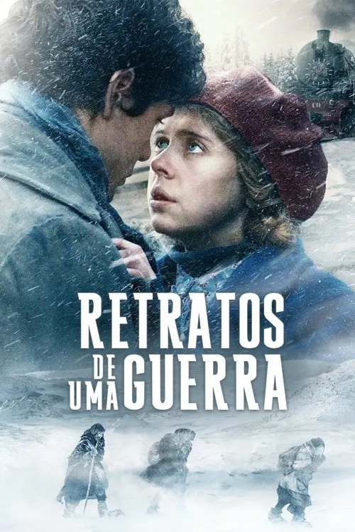 Casal se abraça em meio à nevasca. Trem no fundo. Três figuras lutam exaustas em ambiente invernal. Clima dramático e de sobrevivência.