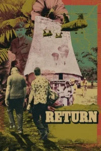 Pôster collage vintage. Jovem soldado e helicópteros. Paraquedistas e vila tropical. Dois homens caminham à frente, sugerindo retorno.