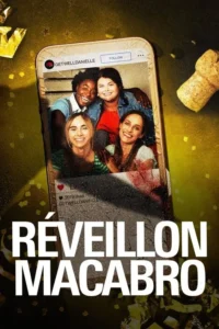 Quatro amigas sorridentes em foto de celular quebrado. Tela manchada de sangue,confetes e rolha de champanhe. Clima festivo e sinistro.