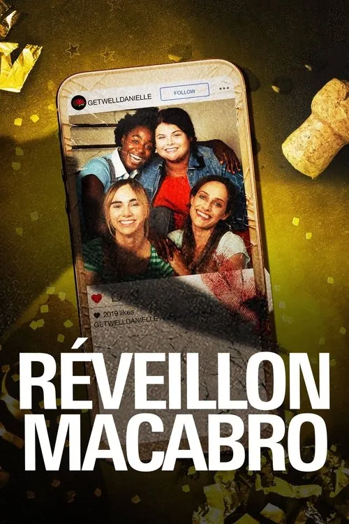 Quatro amigas sorridentes em foto de celular quebrado. Tela manchada de sangue,confetes e rolha de champanhe. Clima festivo e sinistro.