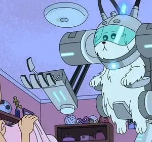 Cão branco peludo em traje robótico flutuante. Garota ruiva o observa em quarto bagunçado. Clima cômico de ficção científica.