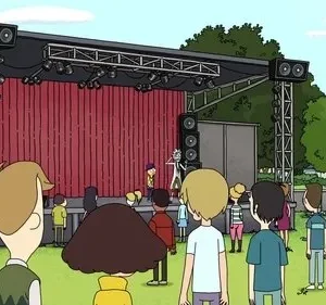 Cena animada de um show ao ar livre. Multidão observa um cientista e um garoto no palco com cortinas vermelhas, sob o céu azul.