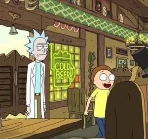 Um cientista de cabelo azul e um garoto em um bar alienígena movimentado. Um robô e criaturas estranhas bebem. Neon COLD BEER.