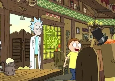 Um cientista de cabelo azul e um garoto em um bar alienígena movimentado. Um robô e criaturas estranhas bebem. Neon COLD BEER.