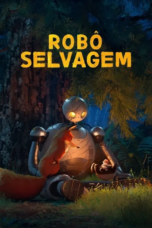 Robô prateado de olhos brilhantes sentado em floresta escura,com uma raposa e um filhote numa tigela.