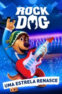 Cão animado sorridente com chapéu,tocando guitarra elétrica vermelha brilhante num palco. Multidão animada e montanhas ao fundo.