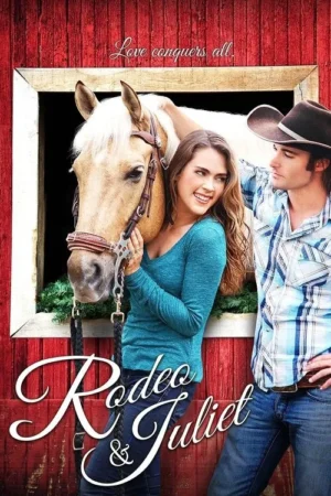 Um jovem casal, uma mulher sorridente e um homem de chapéu de caubói, posa com um cavalo palomino em frente a um celeiro vermelho. Clima romântico rural.