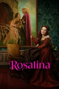 Jovem ruiva em traje histórico sentada,olha sonhadora para um quadro de um casal romântico em varanda.