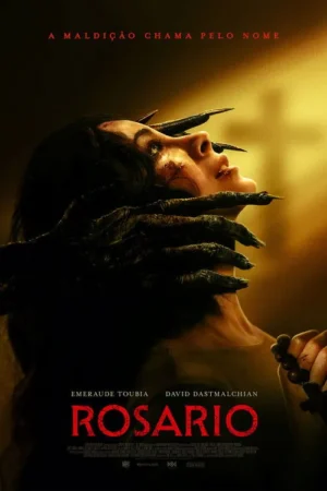 Pôster de horror. Mulher ferida e chorosa é agarrada por garras escuras e monstruosas que saem da escuridão. Cena angustiante.