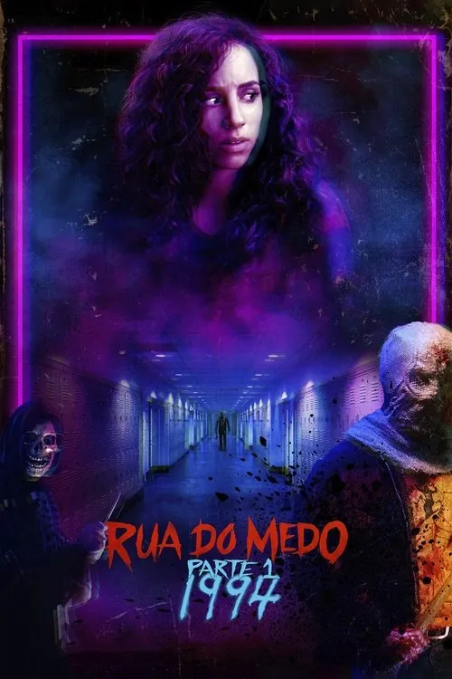 Pôster de terror. Jovem assustada acima de corredor escuro. Dois assassinos,um com máscara de caveira,outro com saco,ensanguentados. Clima sombrio neon.
