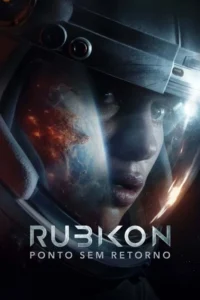 Mulher em capacete espacial com rosto sério. No visor, o reflexo vívido da Terra em chamas. Clima de ficção científica e urgência.