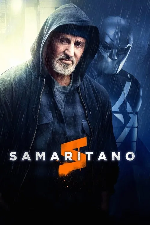 Samaritano 1 Pôster:Homem barbudo de capuz na chuva,rosto sério,com herói mascarado sombrio ao fundo. Clima urbano e misterioso.