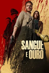 Homem barbudo com pistola e mulher com bazuca contra figuras militares. Fundo vermelho/dourado salpicado. Clima de guerra intenso.