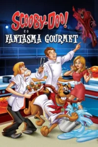 Um cão e um homem cozinheiros atrapalhados, com outros chefs, se assustam com um fantasma vermelho numa cozinha. Cena animada.