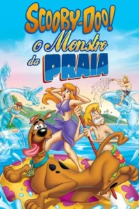 Um cachorro feliz em boia e três jovens assustados por monstros de água em uma praia tropical. Um jovem persegue criatura.
