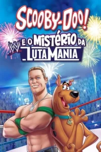 Um homem musculoso e um cão marrom sorriem em um ringue de luta,com público e fogos de artifício. Cena animada.