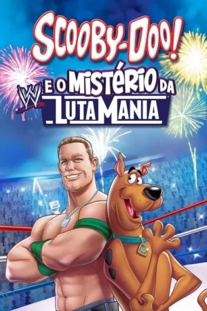Um homem musculoso e um cão marrom sorriem em um ringue de luta, com público e fogos de artifício. Cena animada.