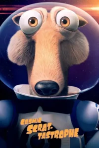 Criatura peluda de olhos arregalados,usando capacete e traje espacial,em pôster de desenho animado com fundo estrelado.