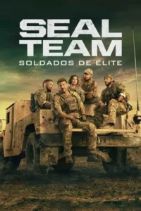 Pôster:Cinco militares (4 homens,1 mulher) em uniformes de camuflagem,sentados num veículo off-road em terreno árido. Atmosfera tensa.