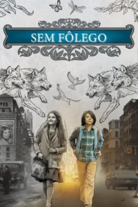 Dois jovens andam por rua urbana vintage. Desenhos de lobos e pássaros voam acima. Clima de aventura e fantasia com toque de mistério.