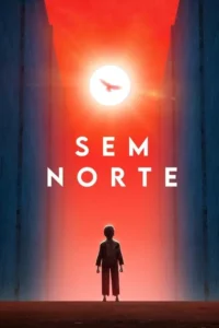 Figura solitária em silhueta num corredor estreito. Céu vermelho vibrante com sol brilhante e um pássaro voando. Clima de mistério.