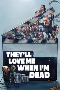 Pôster caótico com caricaturas de personagens do cinema sobre um claquete gigante. Um diretor barbudo levanta o topo enquanto dinheiro voa.