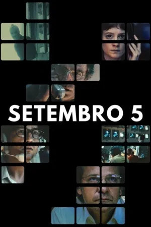 Pôster com mosaico de imagens fragmentadas: rostos tensos, um capuz, vigilância e pessoas com telefones. Estilo retrô e clima de suspense.