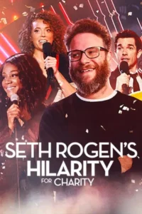 Quatro comediantes sorridentes no palco, liderados por um homem de óculos e barba. Luzes neon vermelhas e confetes caem, criando um clima de show alegre.