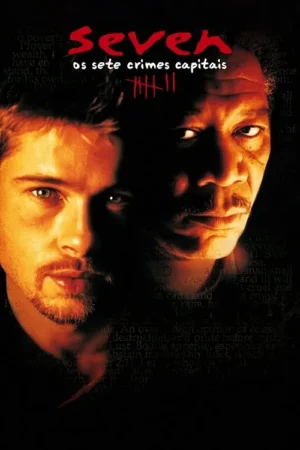 Pôster escuro: homem loiro barbudo e homem mais velho, rostos intensamente iluminados. Fundo com texto sutil. Clima sombrio e tenso.