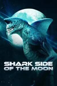 Criatura humanoide azul-esverdeada com cabeça de tubarão e dentes afiados, contra uma lua cheia brilhante no espaço escuro.