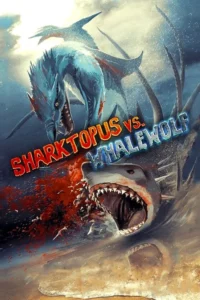 Dois monstros marinhos atacam:um tubarão ensanguentado com boca aberta e uma criatura azul com tentáculos e dentes. Cena brutal no mar.