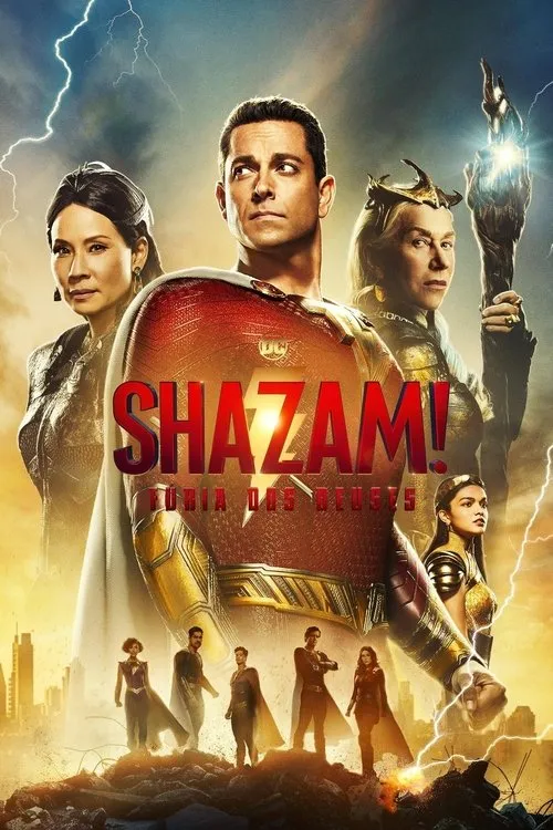 Shazam!Fúria dos Deuses 1 Um herói de traje vermelho no centro,flanqueado por duas figuras ameaçadoras. Abaixo,um grupo de heróis sobre ruínas,sob um céu com raios.