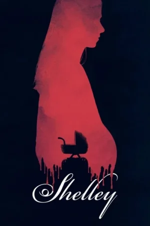 Silhueta vermelha de mulher grávida com um carrinho de bebê na barriga. Sangue escorre, criando um clima sombrio e de suspense.