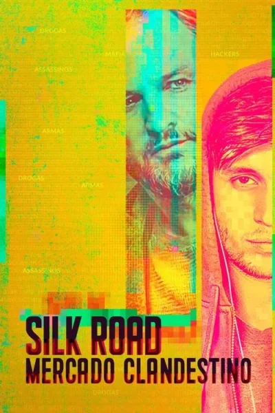 Pôster amarelo-digital com fundo de código e palavras-chave. Rostos masculinos (barbudo e jovem de capuz) em glitch neon. Atmosfera de crime.